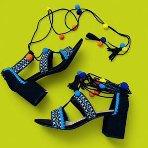 Boho Tropical Colorful BAMBOO Colorful Pom Pom Block Heel Sandals Lace Up 9 NEW